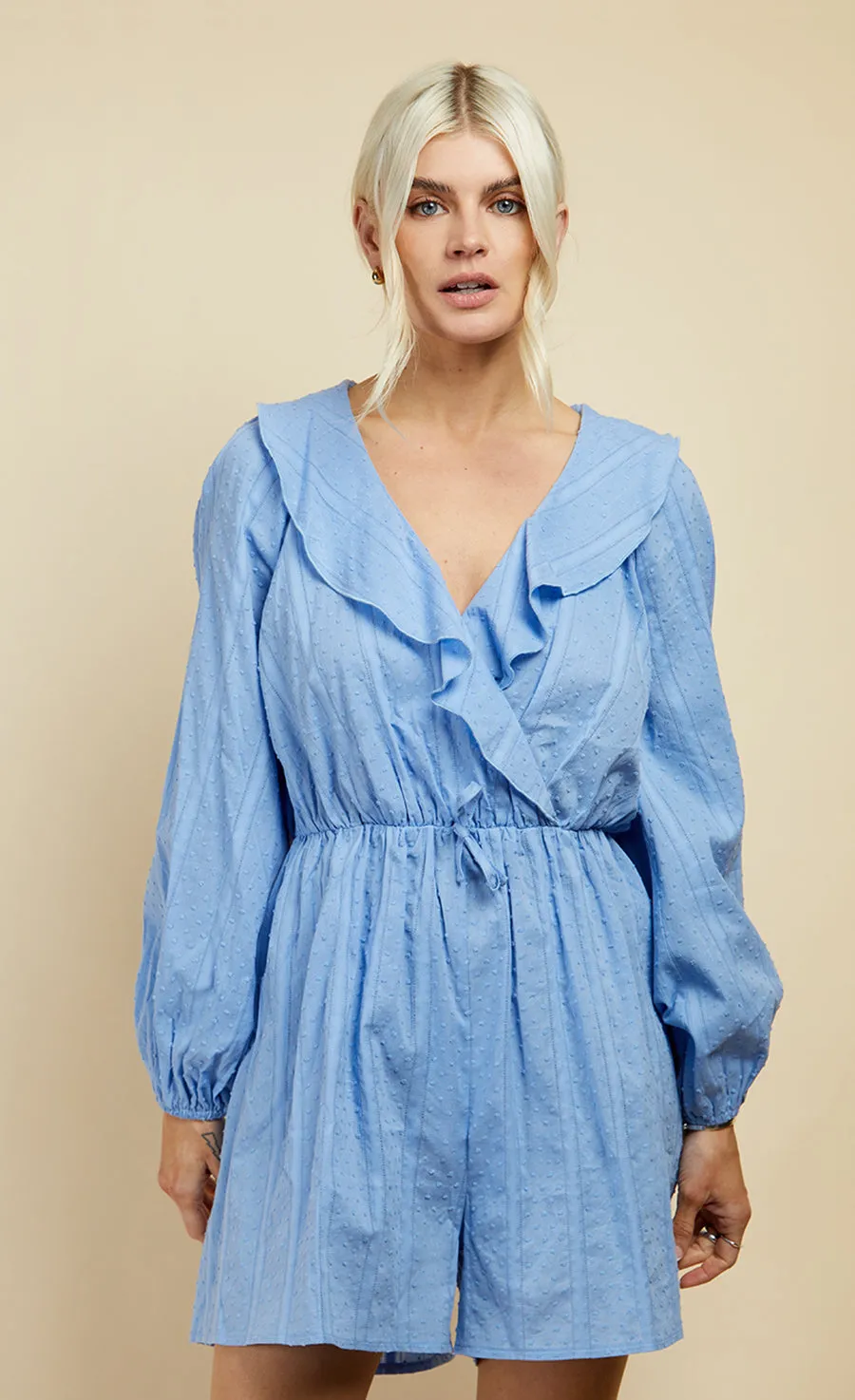 Cornflower Dobby Spot Frill Playsuit