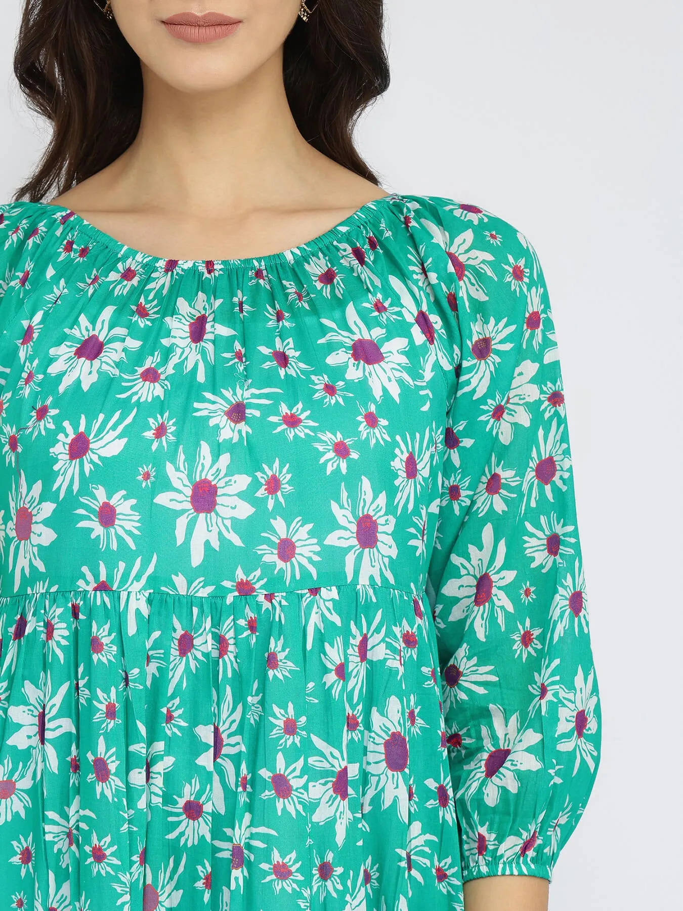 Cotton Floral Tiered A-Line Dress - Green