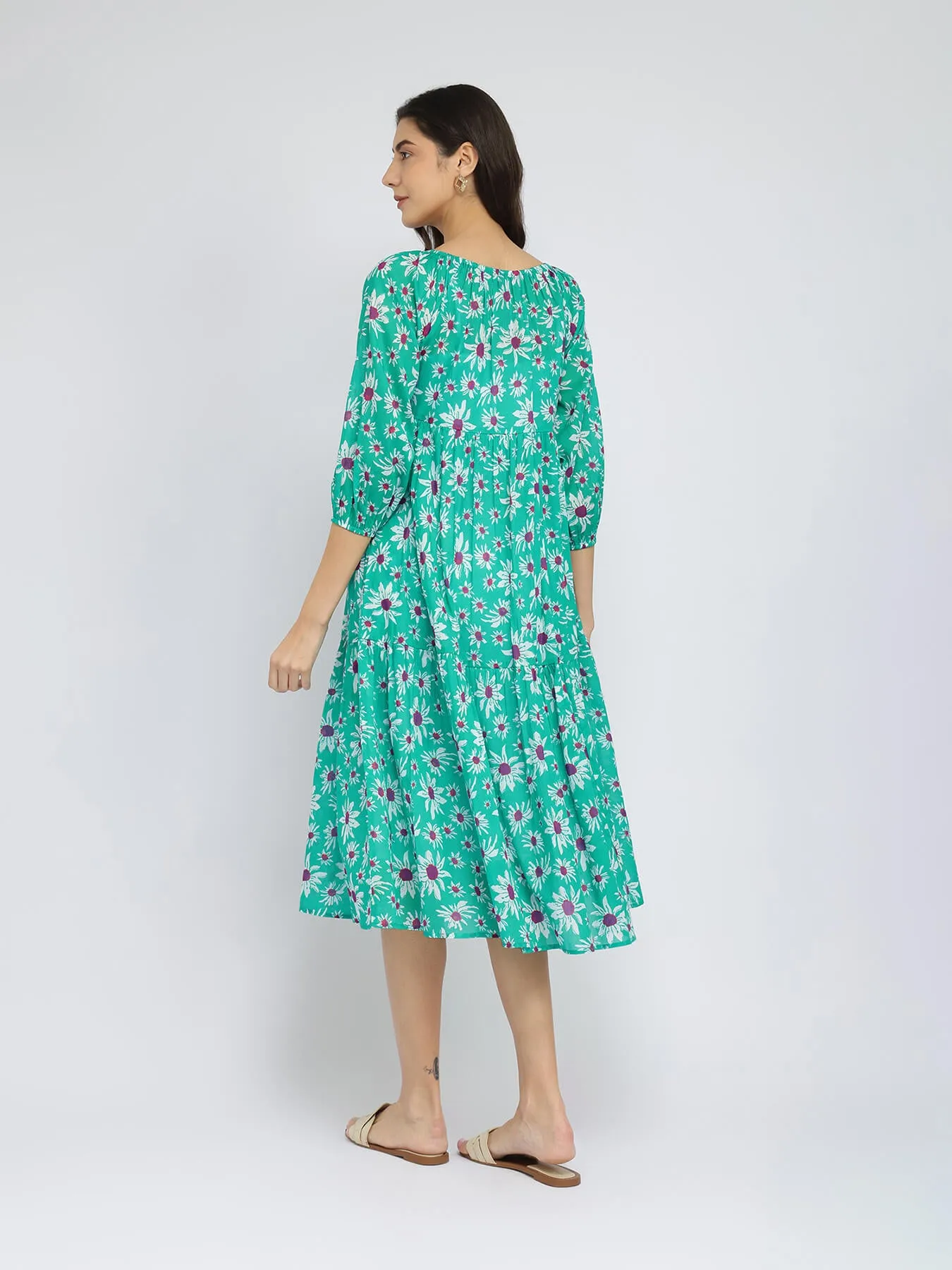 Cotton Floral Tiered A-Line Dress - Green