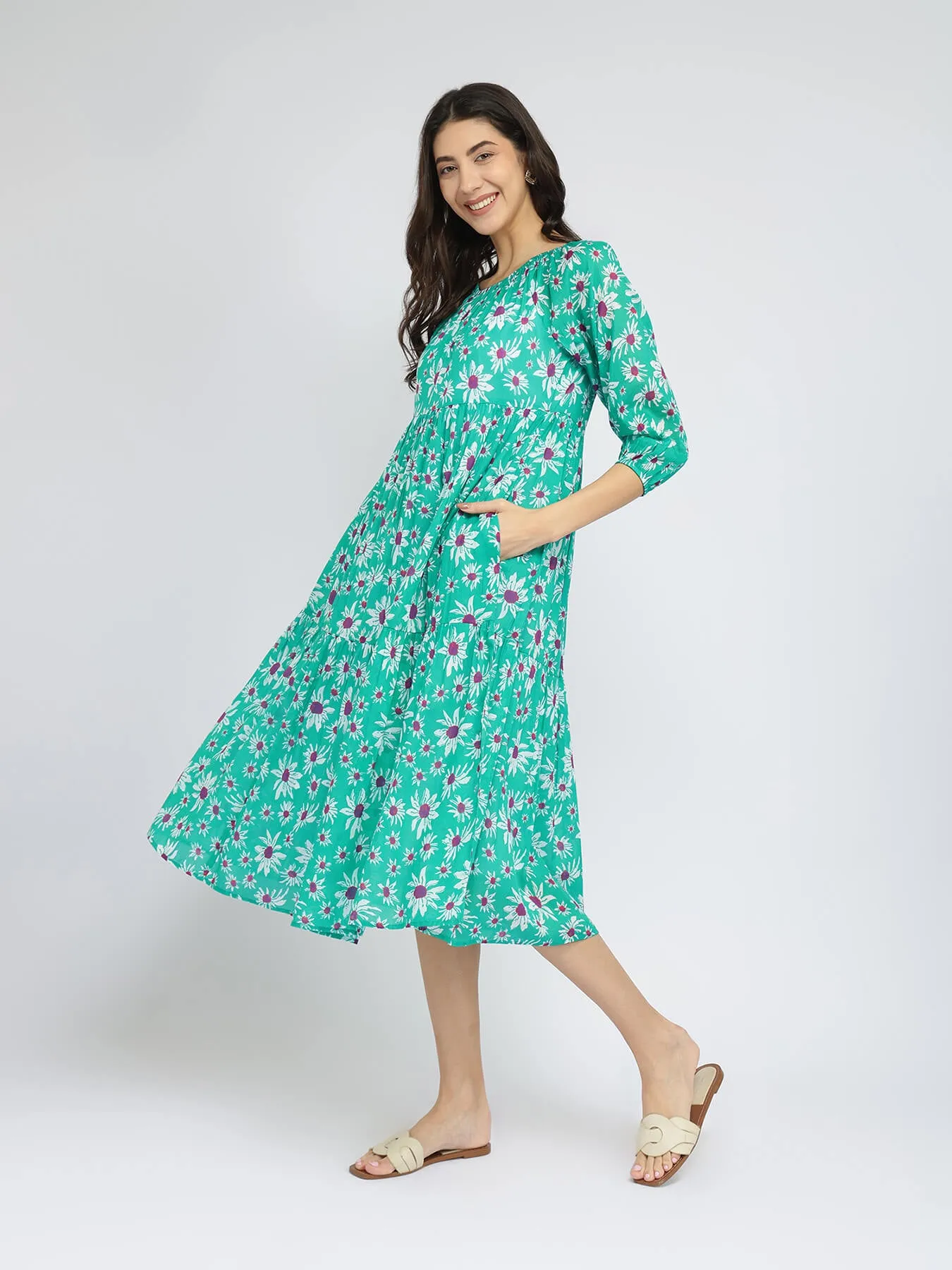 Cotton Floral Tiered A-Line Dress - Green