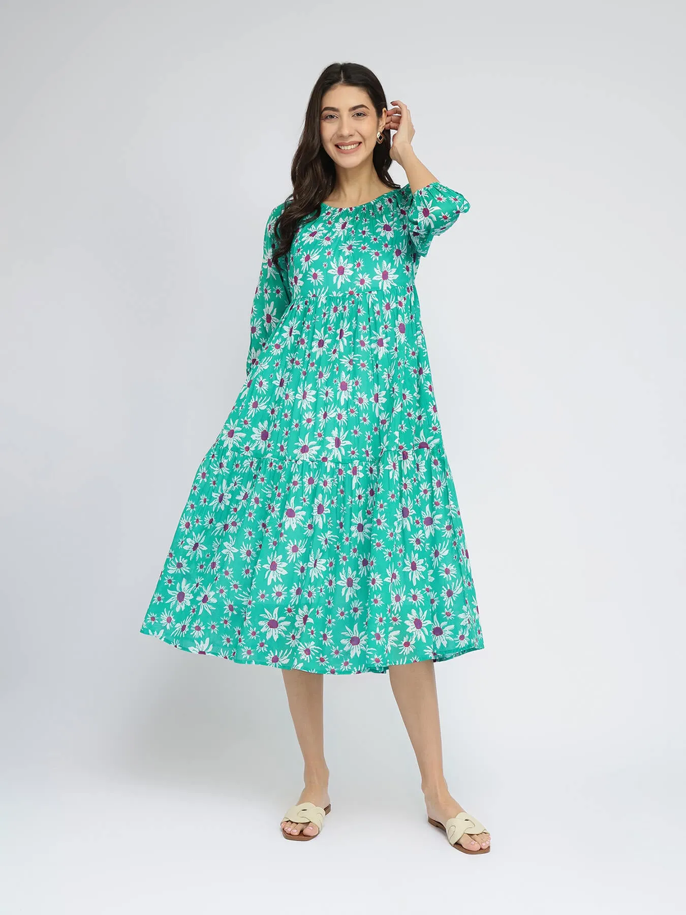 Cotton Floral Tiered A-Line Dress - Green