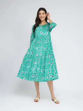 Cotton Floral Tiered A-Line Dress - Green