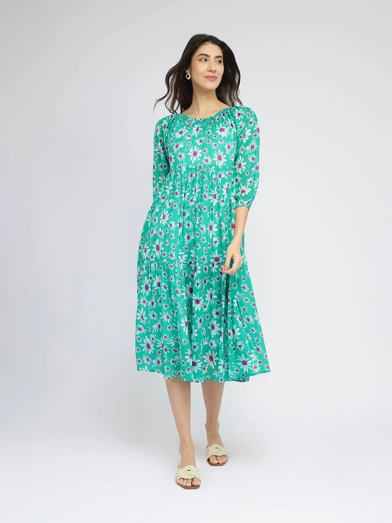 Cotton Floral Tiered A-Line Dress - Green