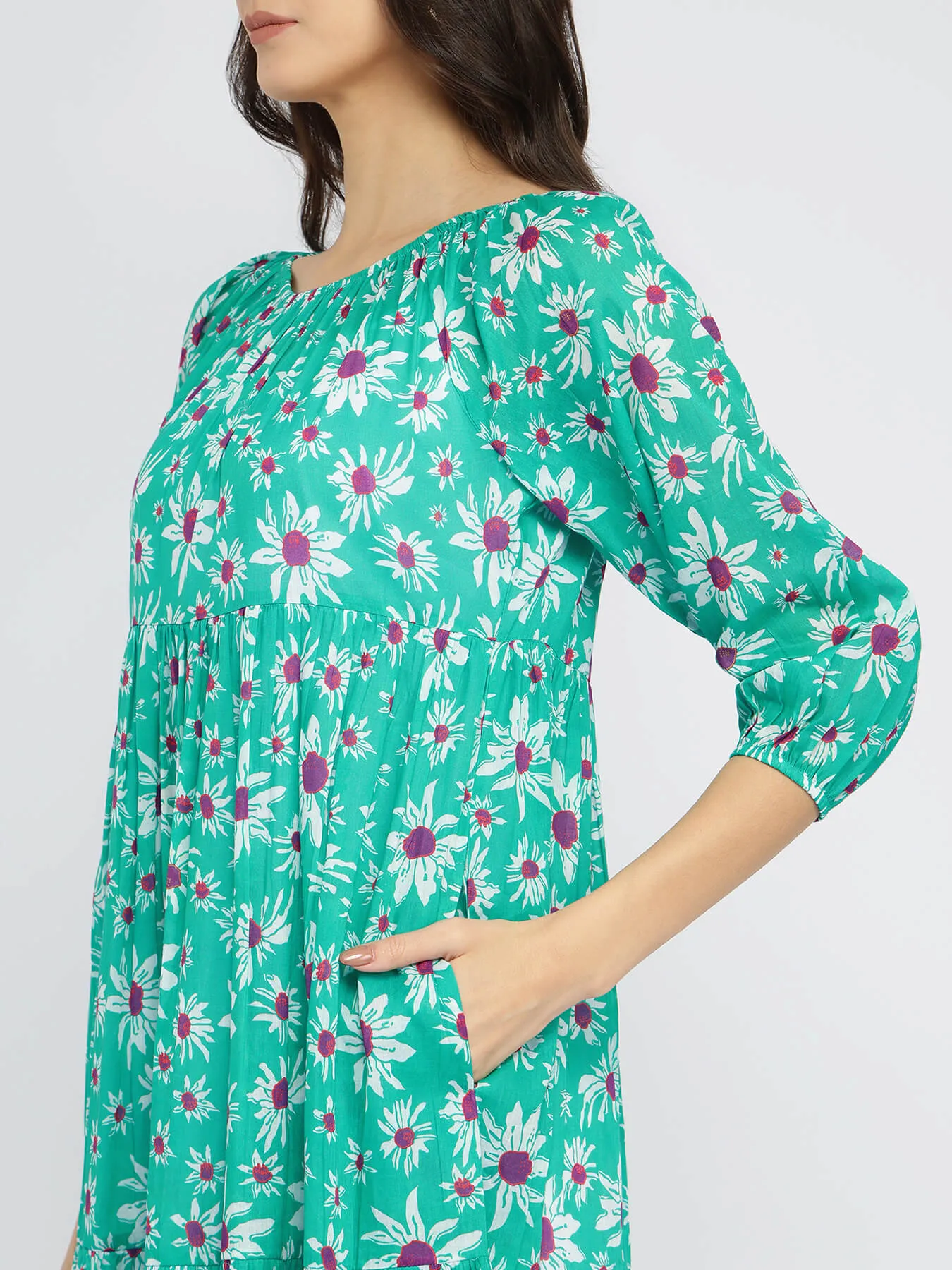 Cotton Floral Tiered A-Line Dress - Green