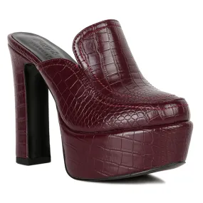 Croc Pattern Heeled Platform Mules