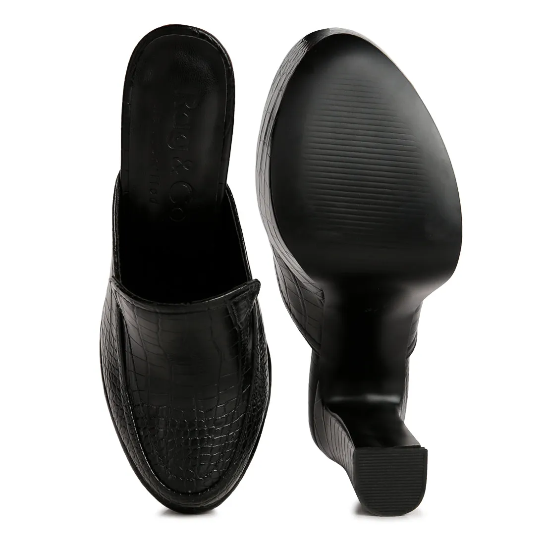 Croc Pattern Heeled Platform Mules