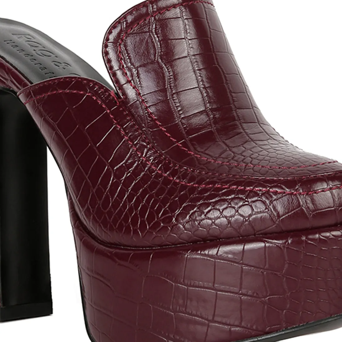 Croc Pattern Heeled Platform Mules