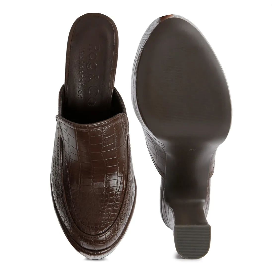 Croc Pattern Heeled Platform Mules