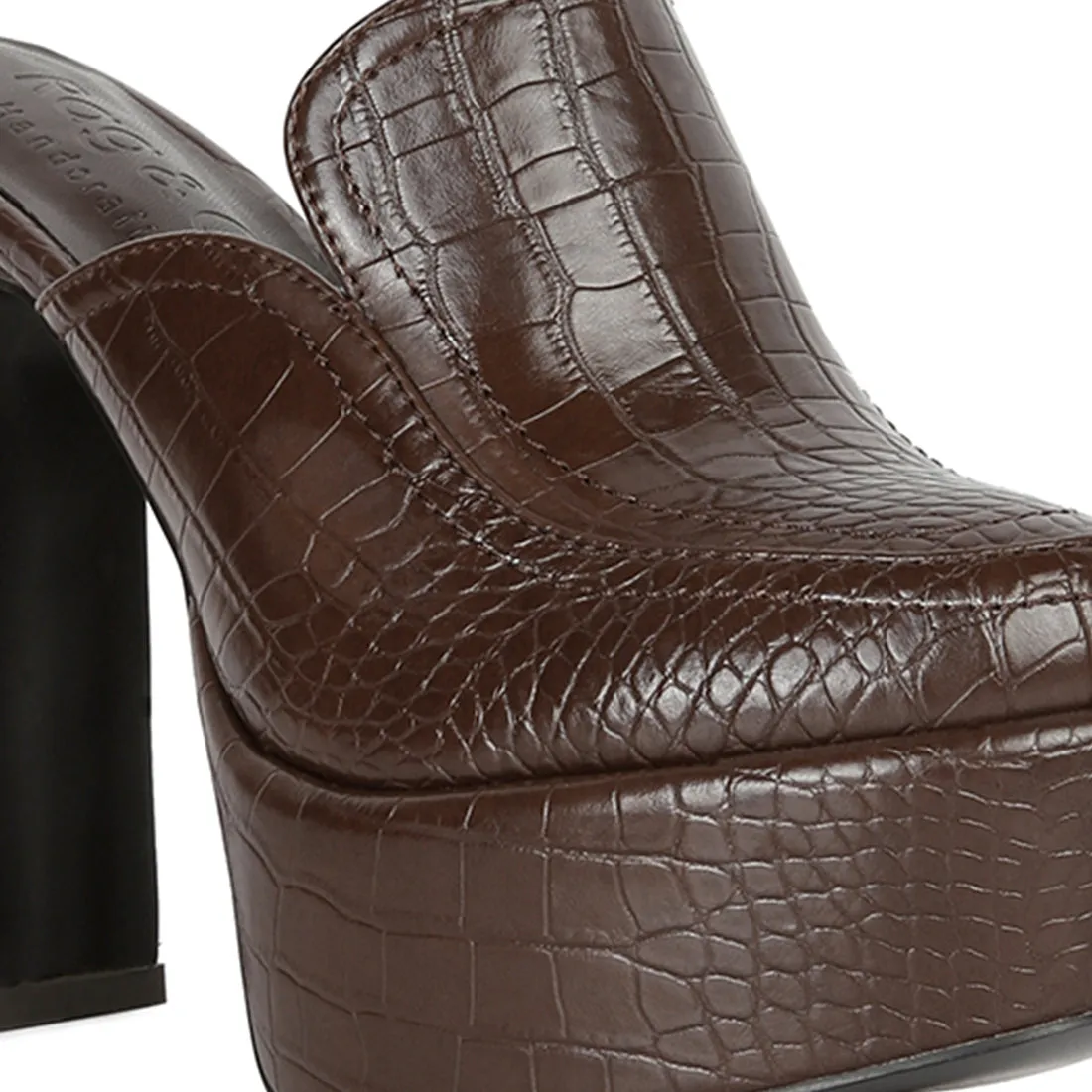 Croc Pattern Heeled Platform Mules