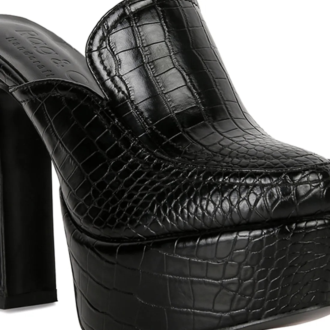 Croc Pattern Heeled Platform Mules