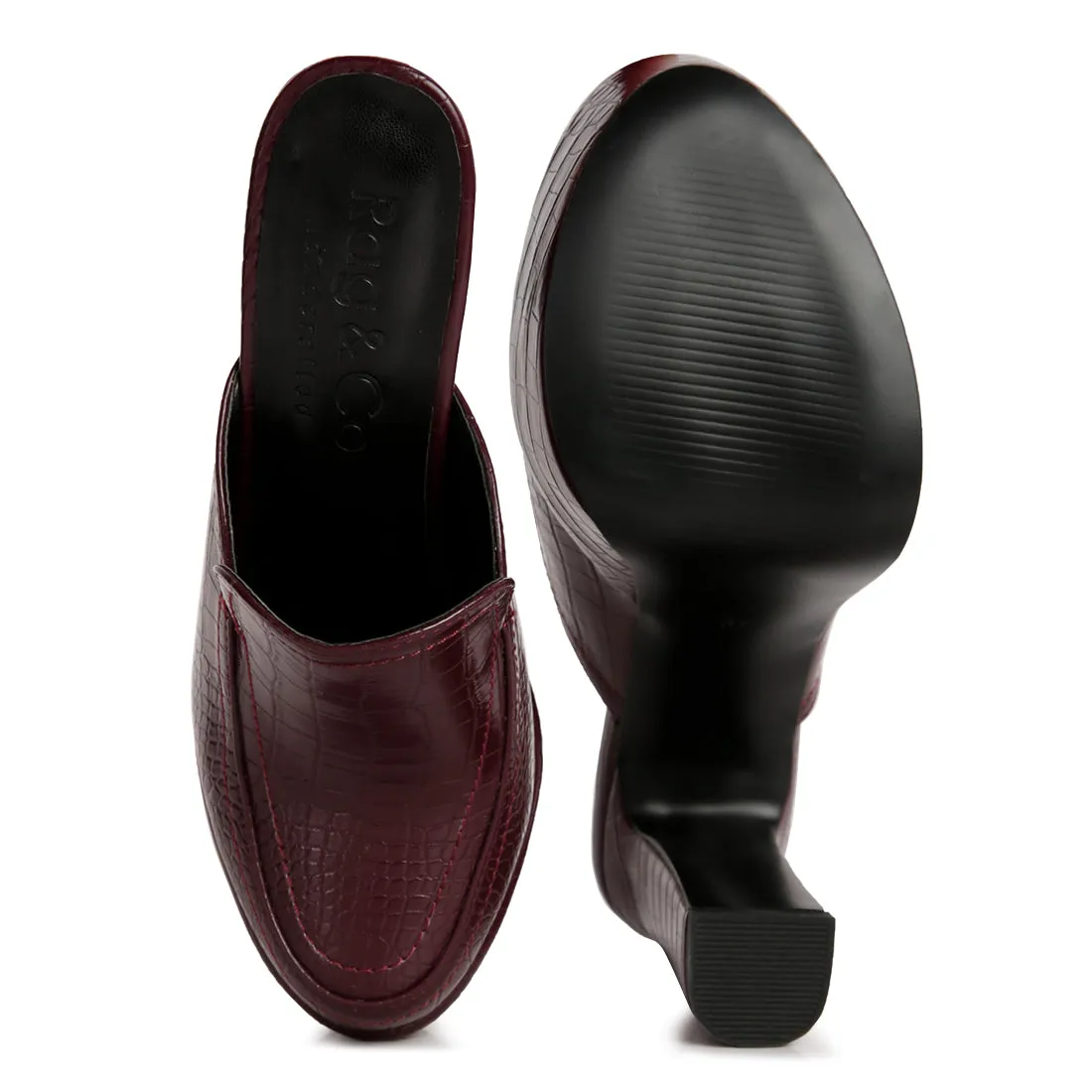 Croc Pattern Heeled Platform Mules