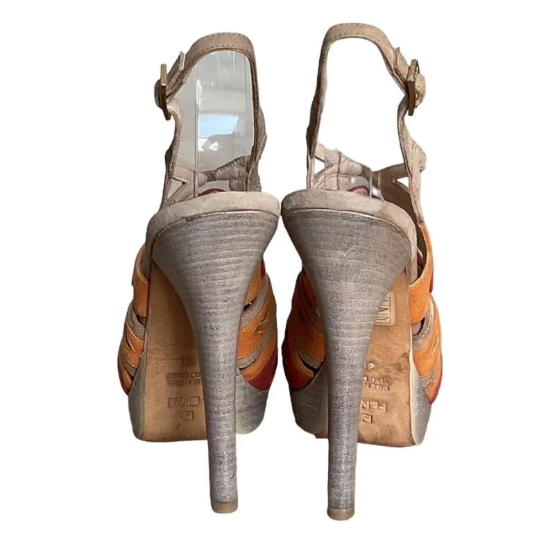 FENDI Suede Cutout Multi Tone Open Toe Slingback Platform Sandals, Size 38