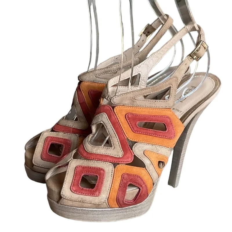 FENDI Suede Cutout Multi Tone Open Toe Slingback Platform Sandals, Size 38