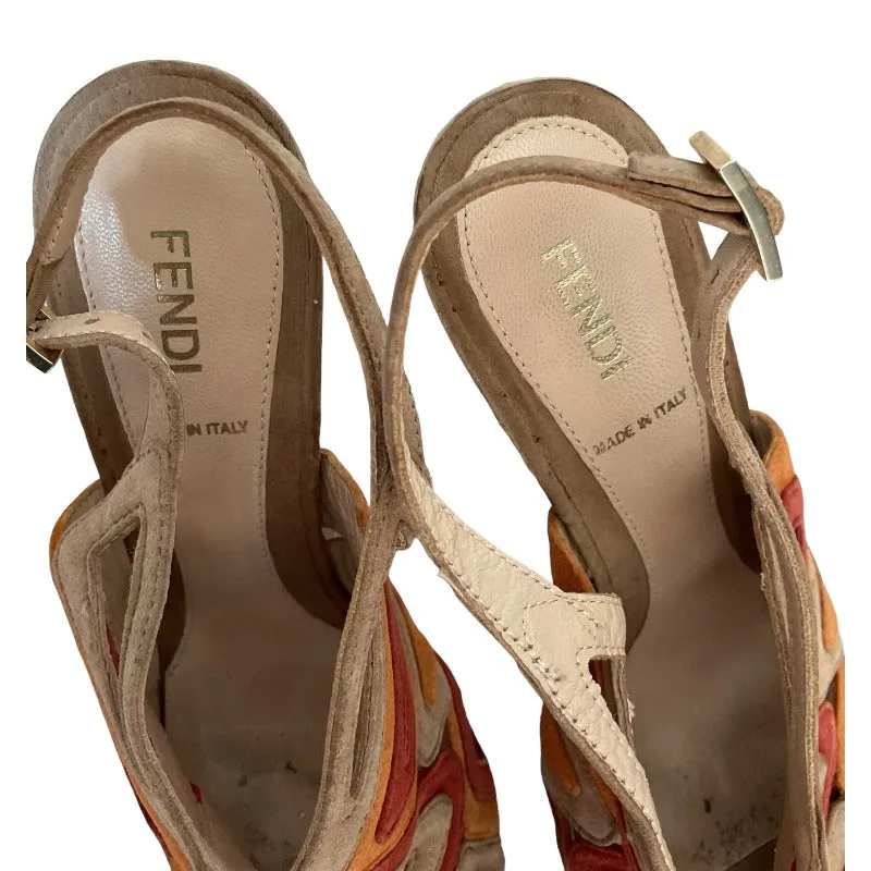 FENDI Suede Cutout Multi Tone Open Toe Slingback Platform Sandals, Size 38