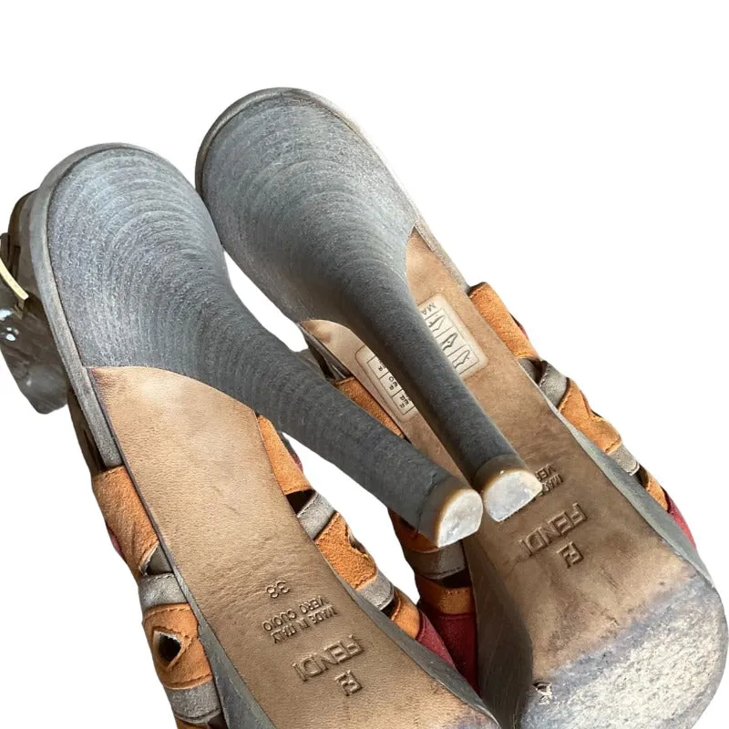 FENDI Suede Cutout Multi Tone Open Toe Slingback Platform Sandals, Size 38