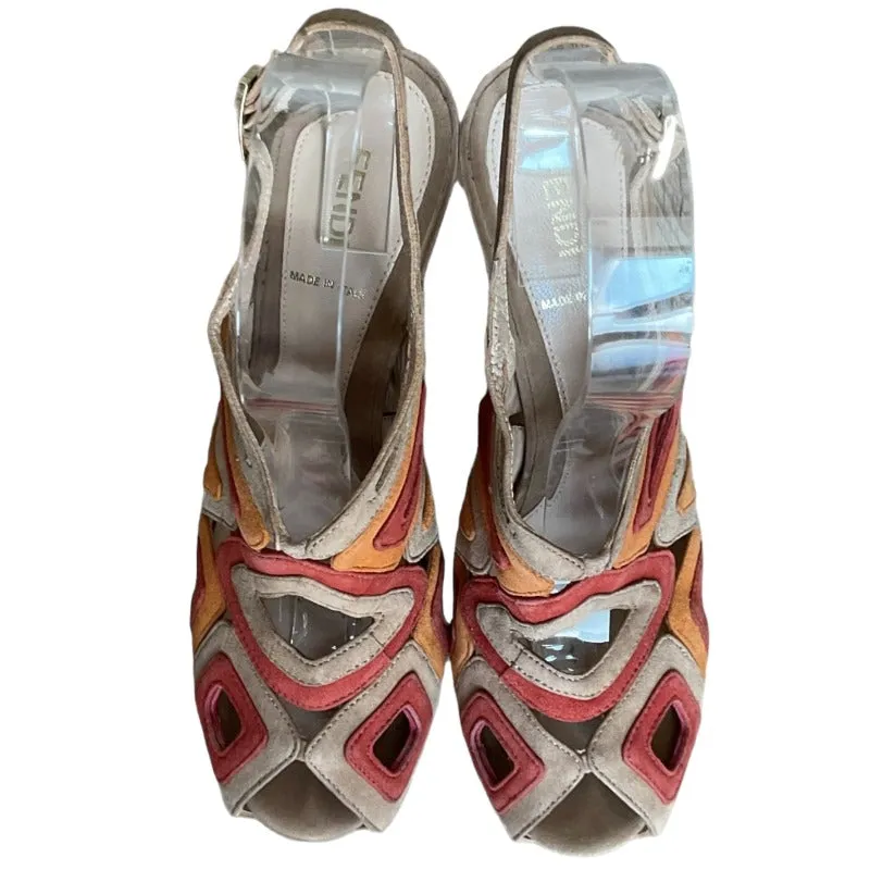 FENDI Suede Cutout Multi Tone Open Toe Slingback Platform Sandals, Size 38