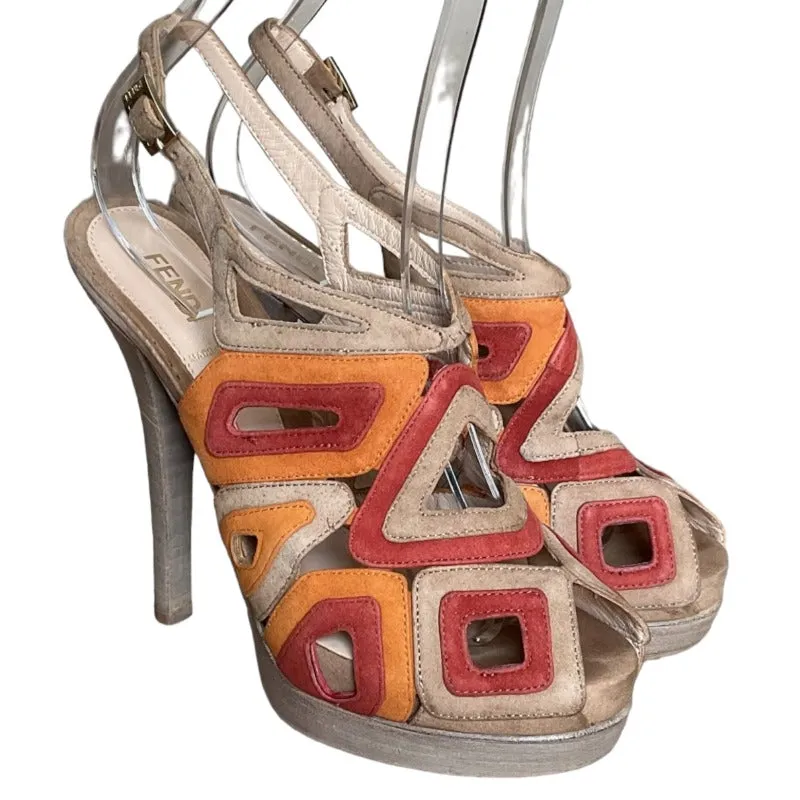 FENDI Suede Cutout Multi Tone Open Toe Slingback Platform Sandals, Size 38