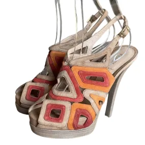 FENDI Suede Cutout Multi Tone Open Toe Slingback Platform Sandals, Size 38
