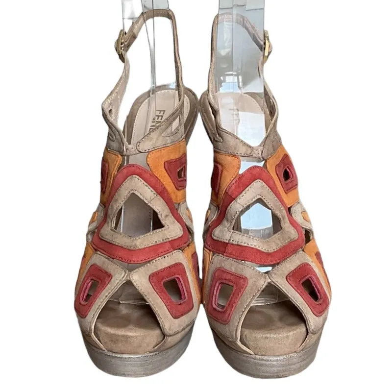 FENDI Suede Cutout Multi Tone Open Toe Slingback Platform Sandals, Size 38
