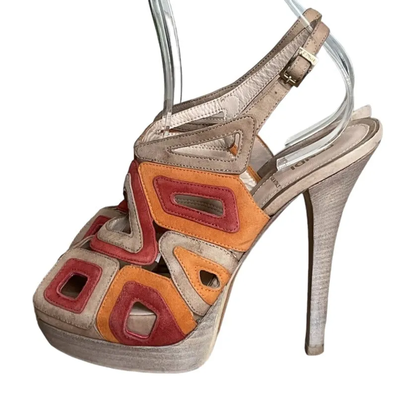 FENDI Suede Cutout Multi Tone Open Toe Slingback Platform Sandals, Size 38