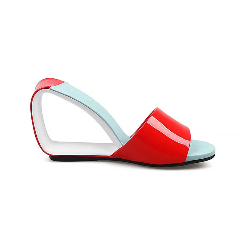 Italian Leather Open Loop Wedge Two-Toned Color Block High Slides