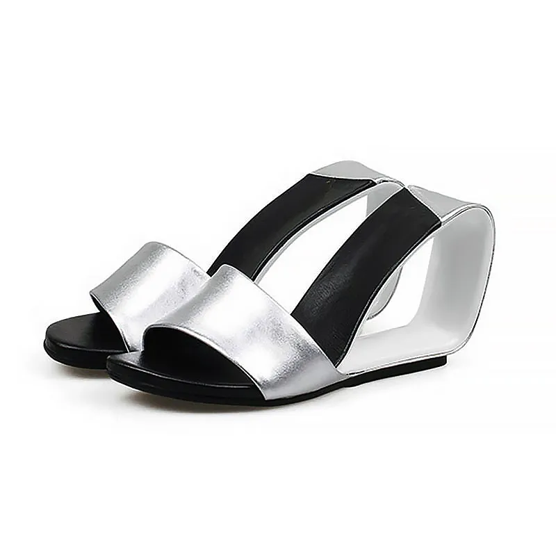 Italian Leather Open Loop Wedge Two-Toned Color Block High Slides