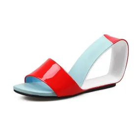 Italian Leather Open Loop Wedge Two-Toned Color Block High Slides