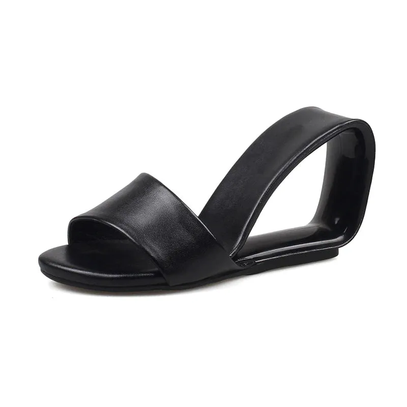 Italian Leather Open Loop Wedge Two-Toned Color Block High Slides
