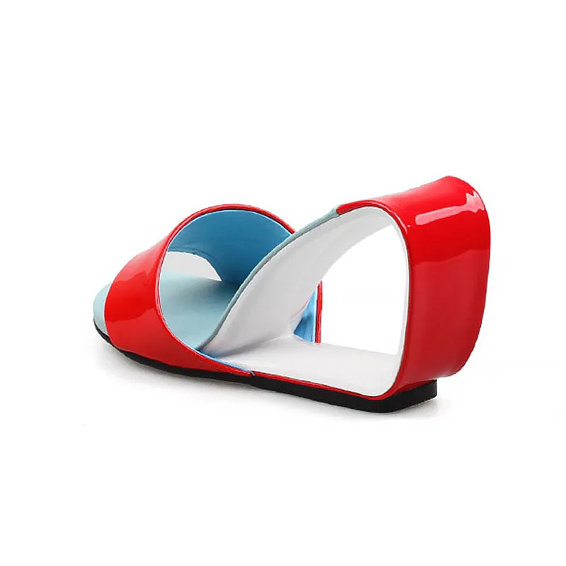 Italian Leather Open Loop Wedge Two-Toned Color Block High Slides