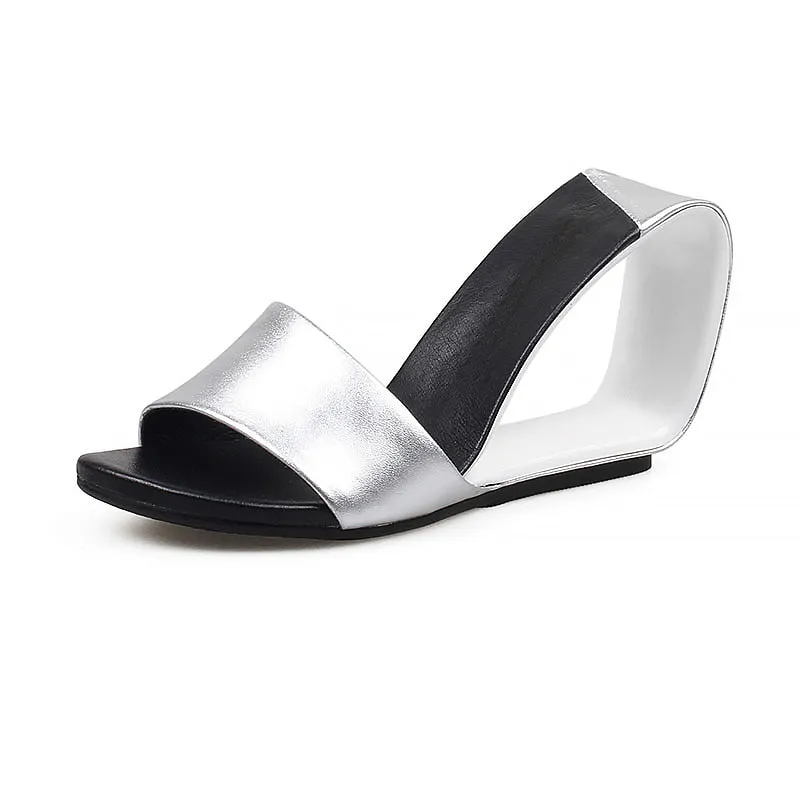 Italian Leather Open Loop Wedge Two-Toned Color Block High Slides