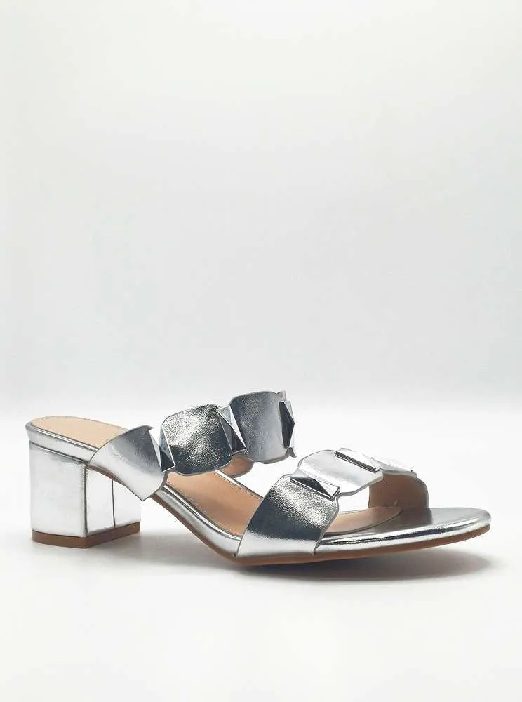 Kolee Stud Detail Block Heel Mules in Silver