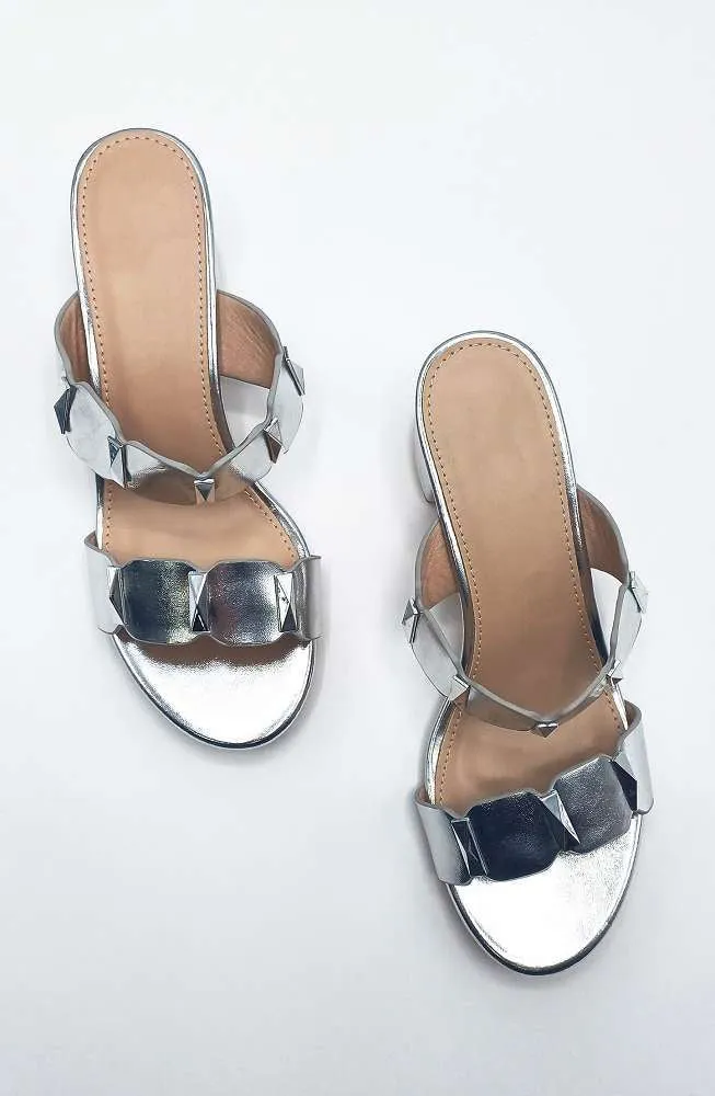 Kolee Stud Detail Block Heel Mules in Silver