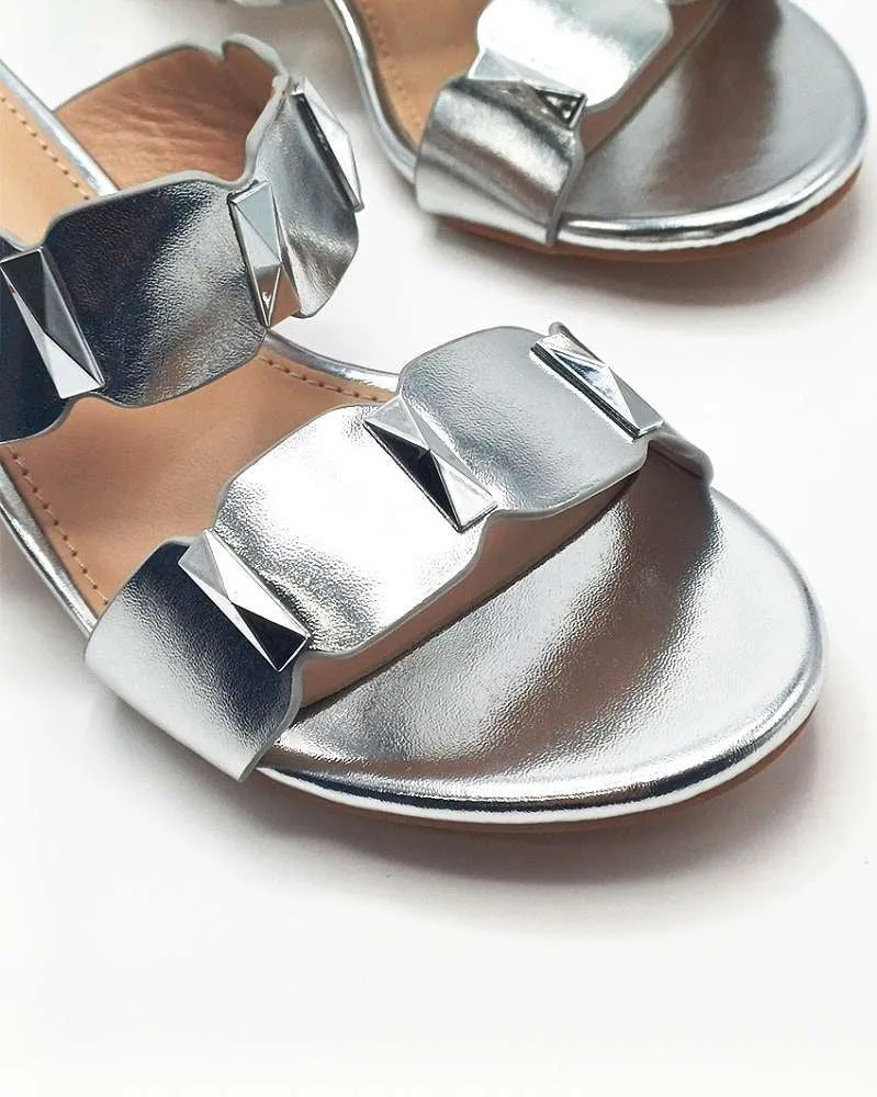 Kolee Stud Detail Block Heel Mules in Silver