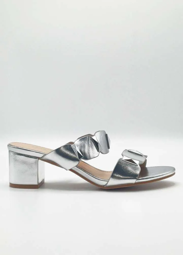 Kolee Stud Detail Block Heel Mules in Silver