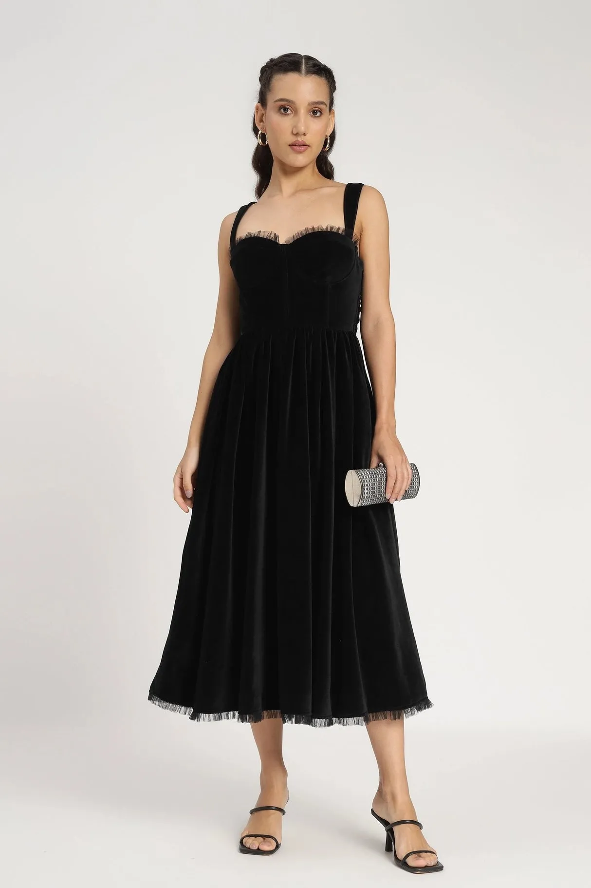 Lace & Beads Dune Velvet Black Midi Dress