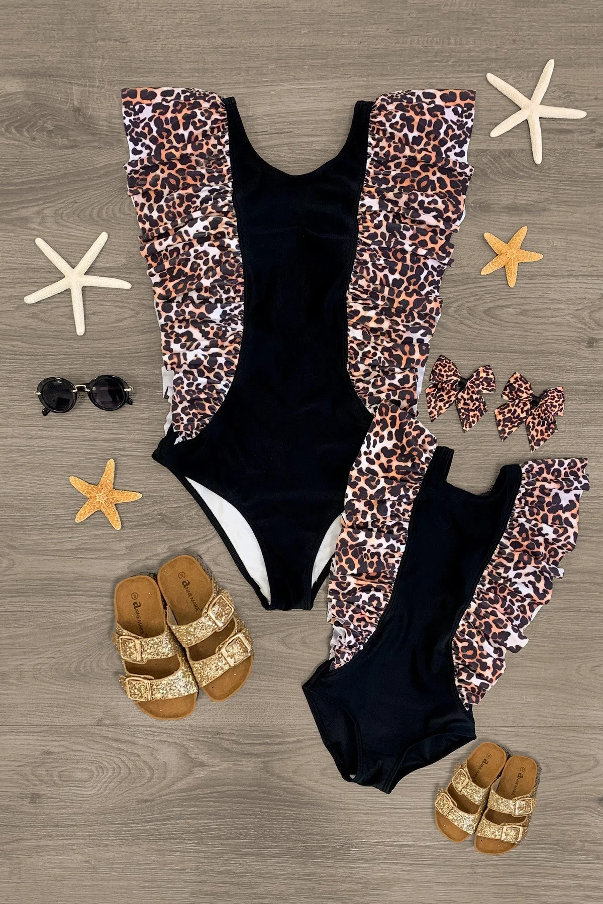 Mom & Me - Black Cheetah Ruffle One Piece Swimsuit