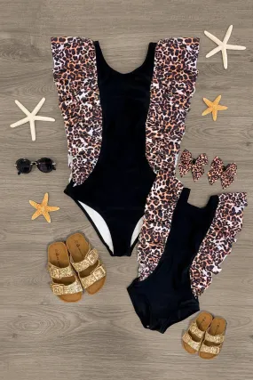 Mom & Me - Black Cheetah Ruffle One Piece Swimsuit