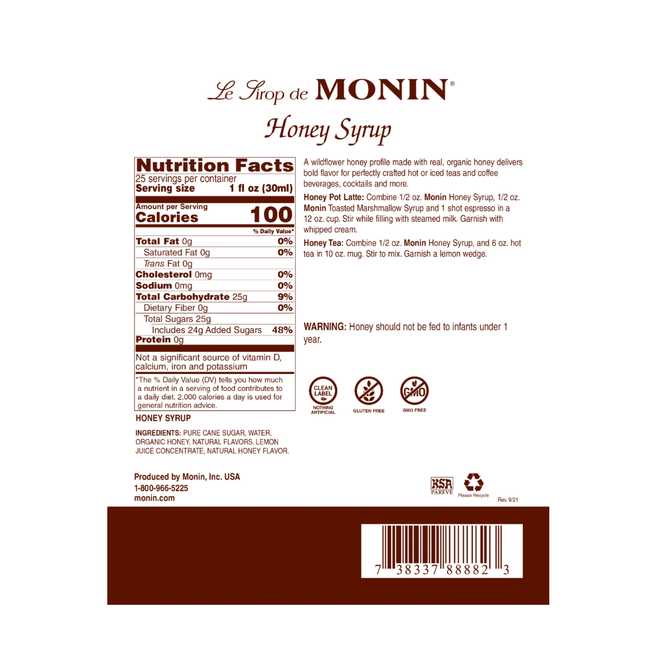 Monin Honey Syrup, 750ML (1 count); M-AR084A-E