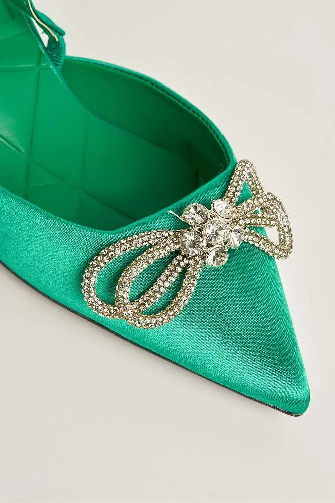 Nia Diamante Bow Detail Kitten Heel Court Shoes in Green