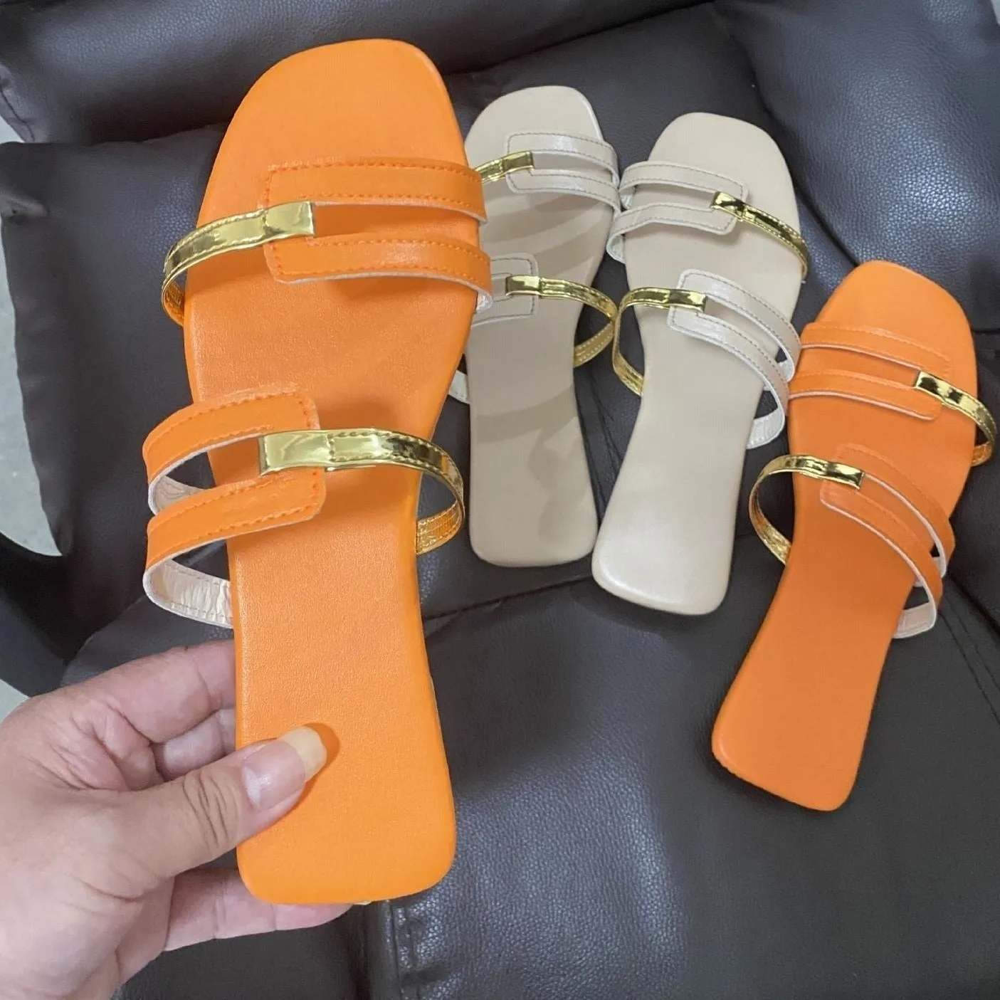 Open toe 2 straps slides for women Flat summer outdoors slippers