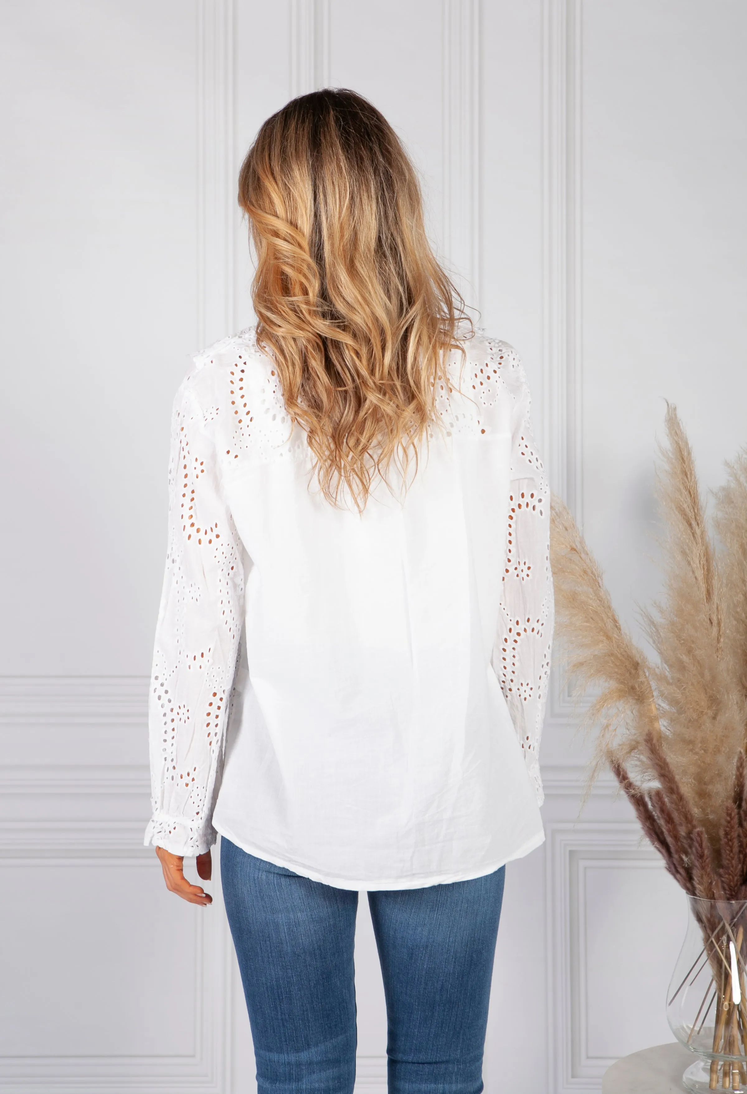 Ruffle Broderie Anglaise Blouse in White