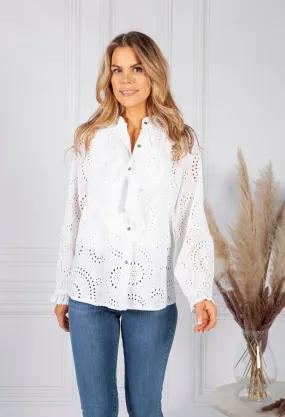Ruffle Broderie Anglaise Blouse in White
