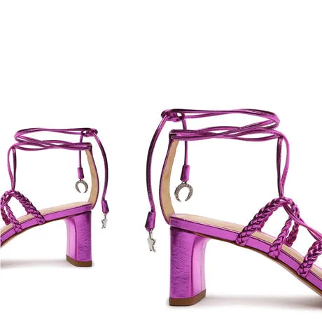 Schutz Lunah Mid Bright Violet Strappy Lace Up Open Toe Mid Block Heel Sandals