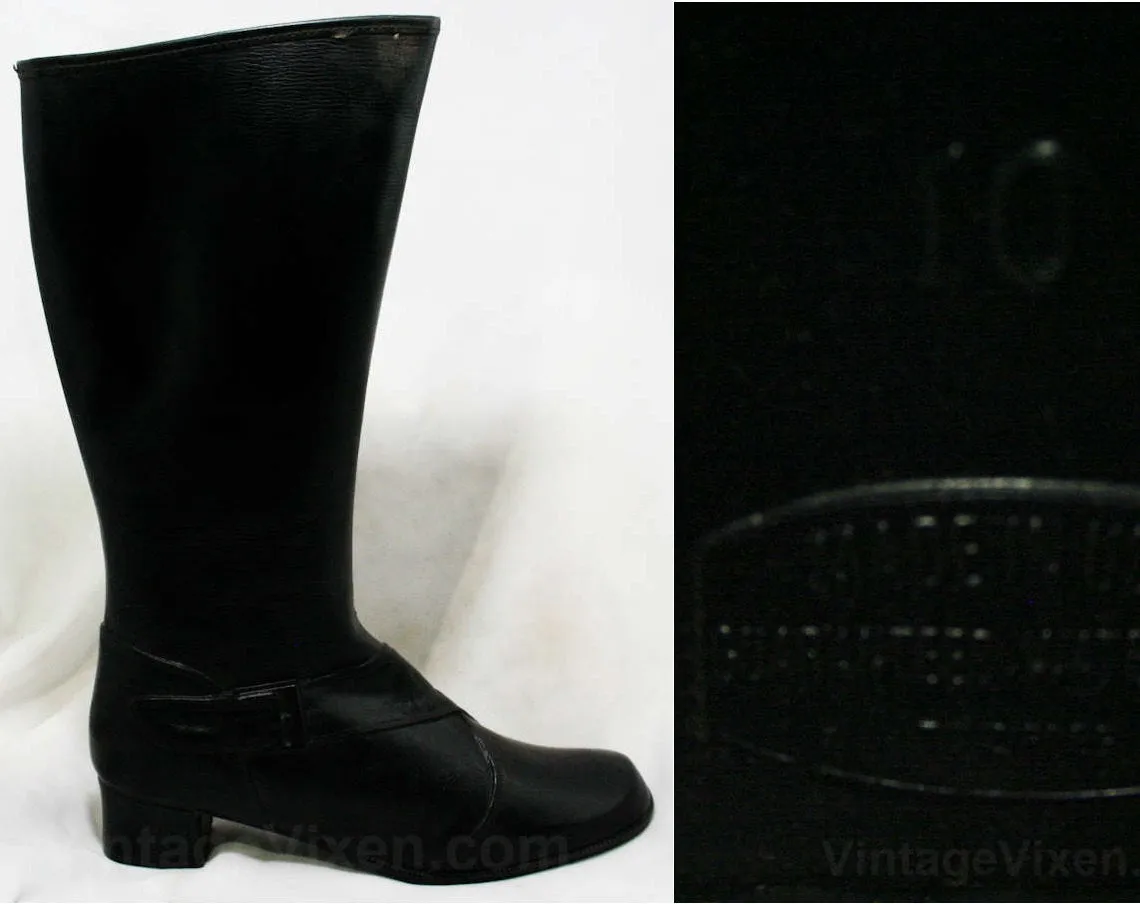 Size 6 Black Boots - Authentic Early 1960s Deadstock - Waterproof Vinyl - Fleece Lined - 60s - Faux Buckle - Rain Dears - Tall Winter Shoes