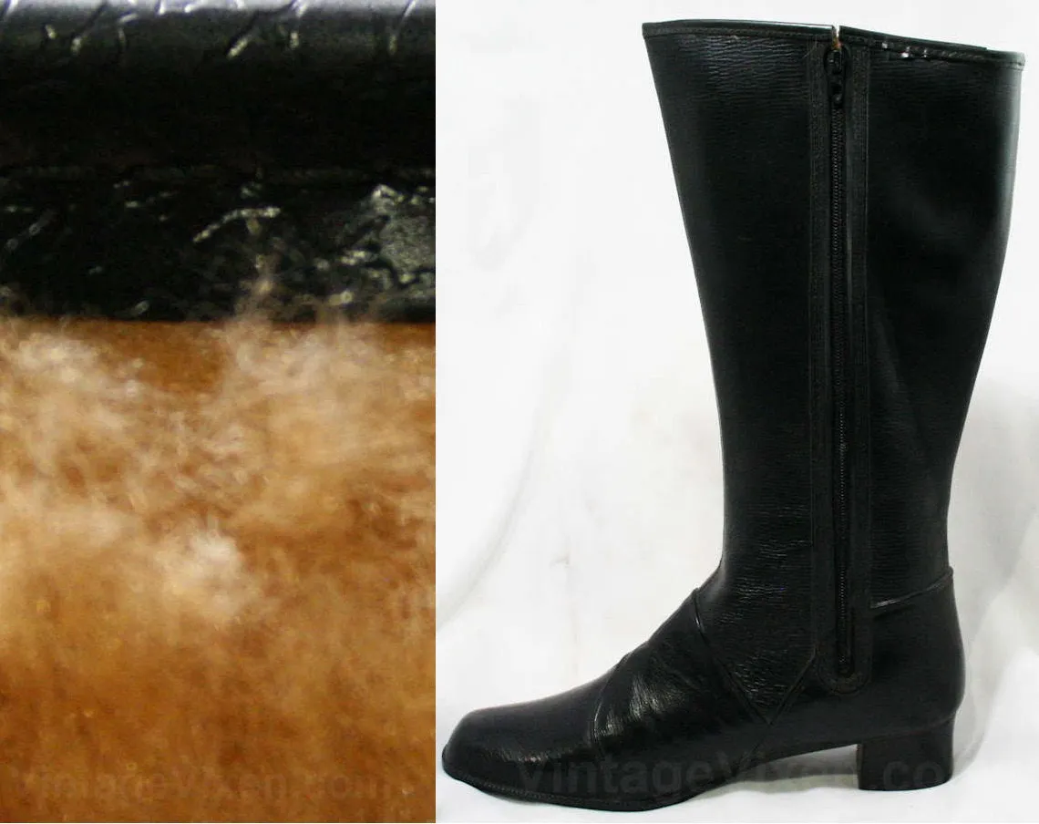 Size 6 Black Boots - Authentic Early 1960s Deadstock - Waterproof Vinyl - Fleece Lined - 60s - Faux Buckle - Rain Dears - Tall Winter Shoes