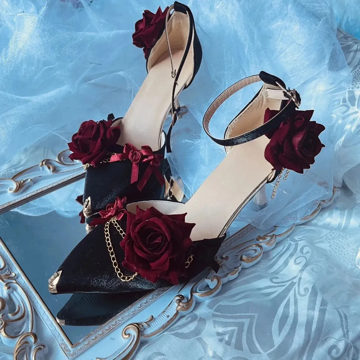 Sohiwoo Retro Elegant Cosplay Flower Wedding Loli Girl Gorgeous Red  Black Satin Rose Metal Fine Chain Pointed 8cm High Heeled Shoes