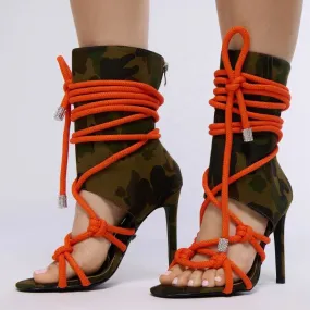 Trend4us Women's Camouflage Lace-Up Stiletto Sandals