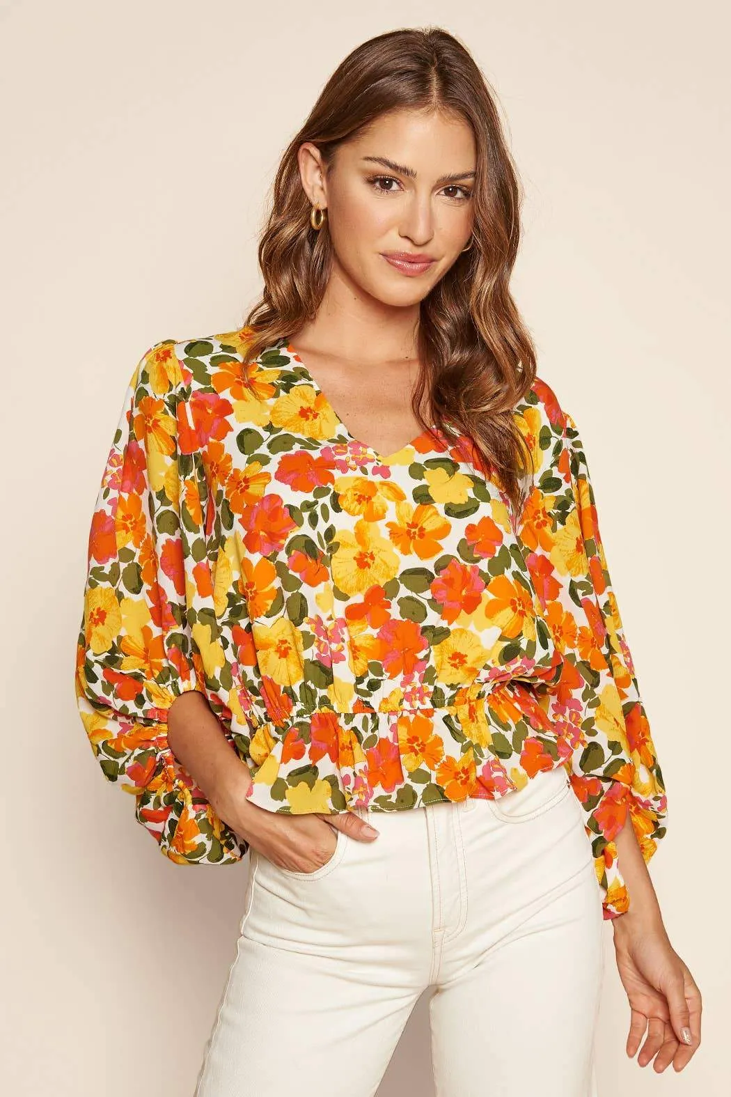 Tropicalia Ways Balloon Sleeve Blouse Orange Multi