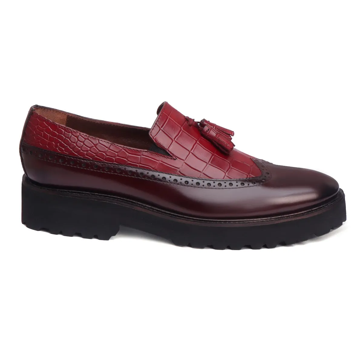 Wine Brush Off Croco Print Leather Light Weight Tassel Shoes For Men By Brune & Bareskin