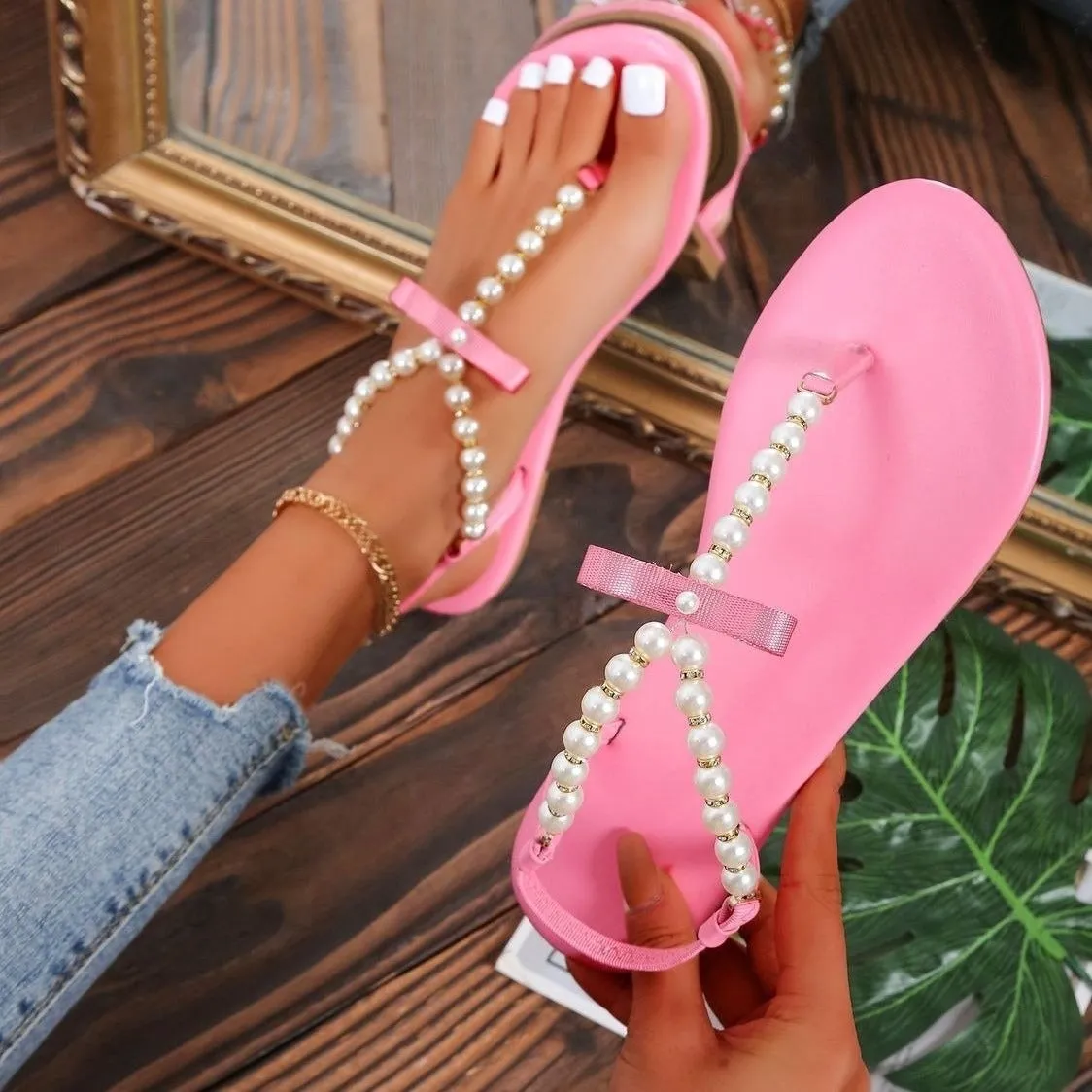 Women rhinestone bowknot clip toe slingback flat sandals